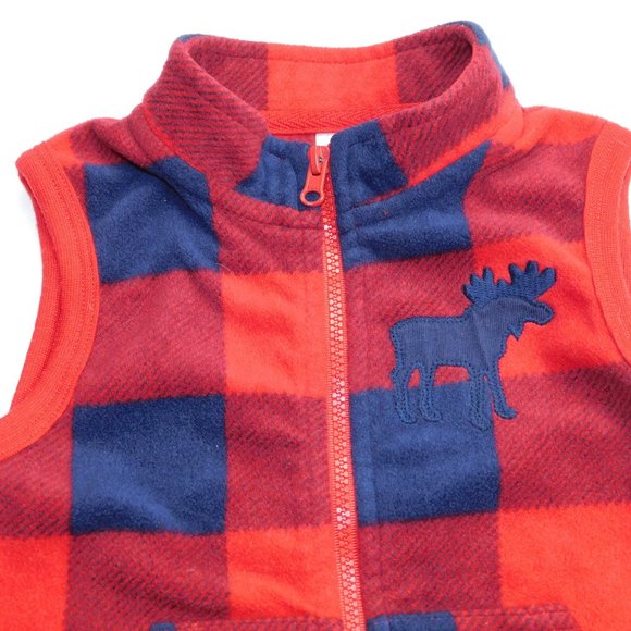 Boys 12-18 Months Red Blue Plaid Fleece Full Zip Vest with moose - Picture 3 of 6